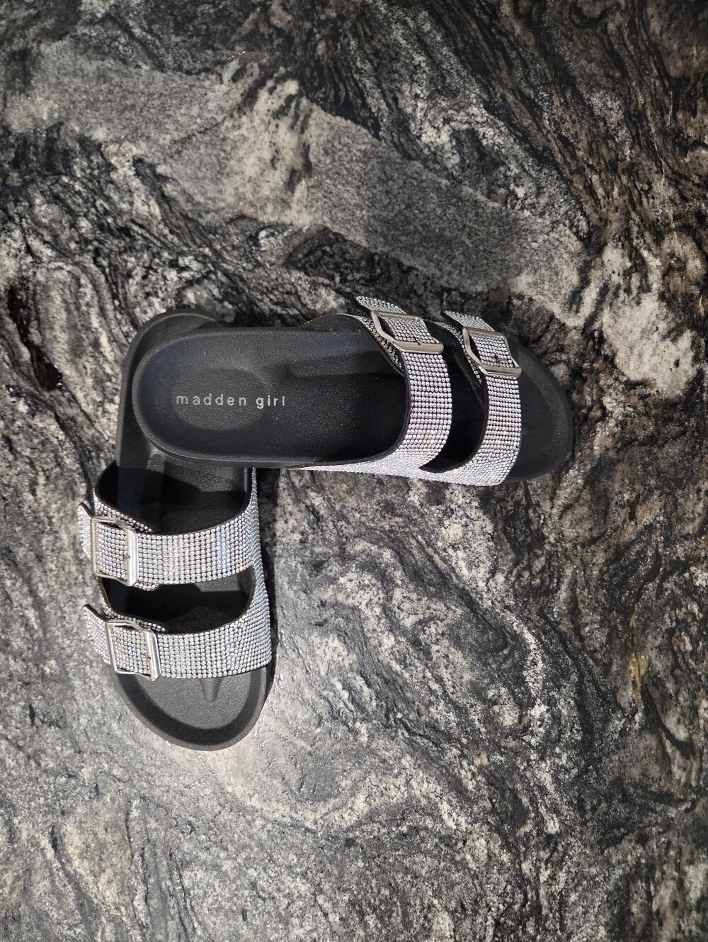 Madden Girl Black Slides with Rhinestone Buckles - Picture 7 of 7
